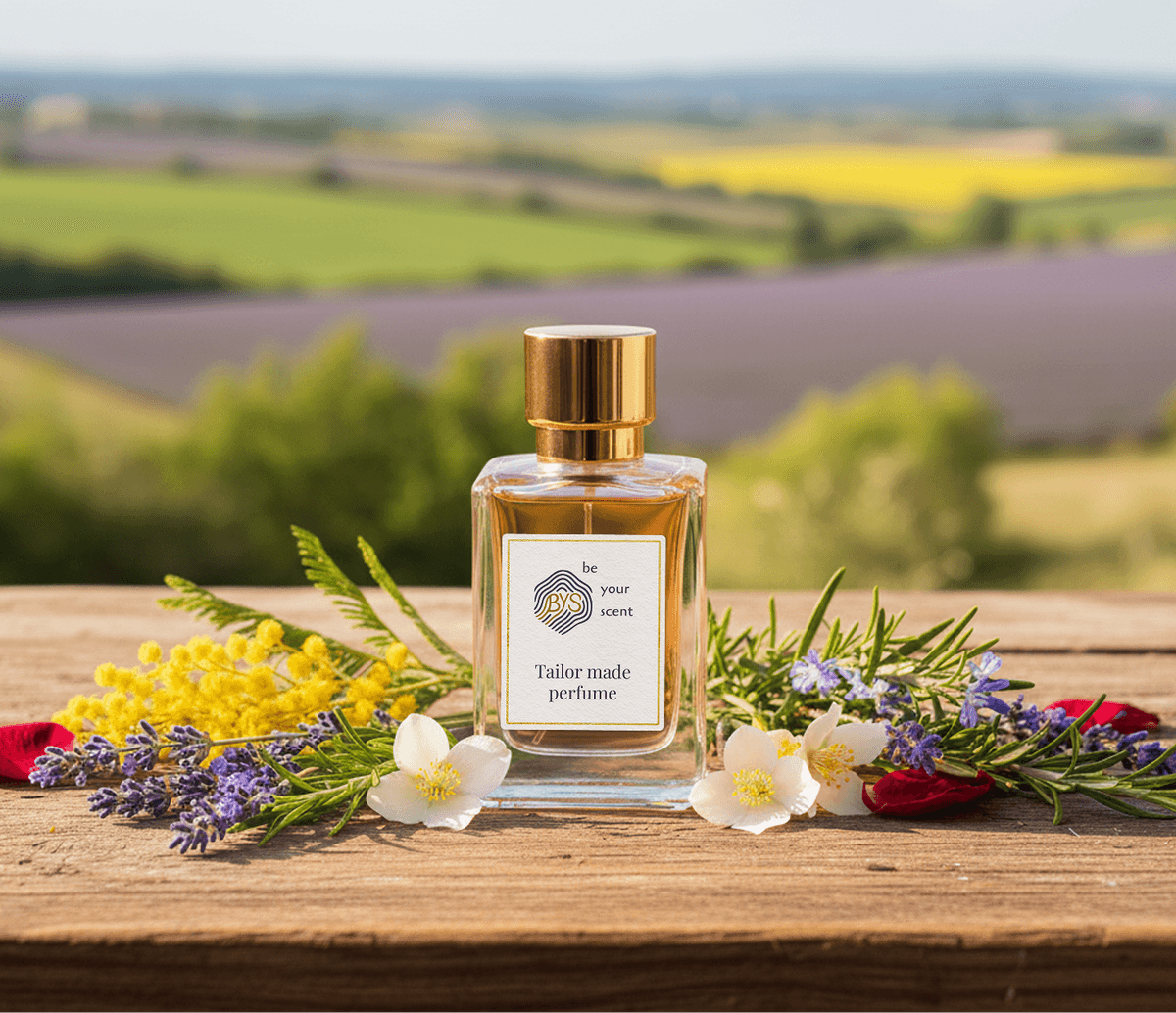 Be Your Scent perfume bottle in natural lavender field setting