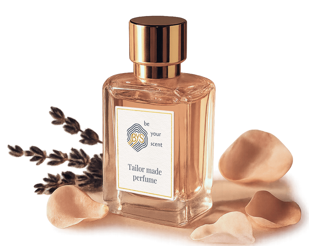 Be Your Scent luxury perfume bottle with botanical staging (lavender and rose petals)